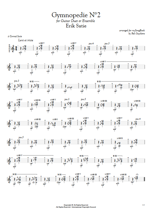 Gymnopédie N°2 in C Erik Satie guitar pro tab AGuitarII Guitar Duet mysongbook